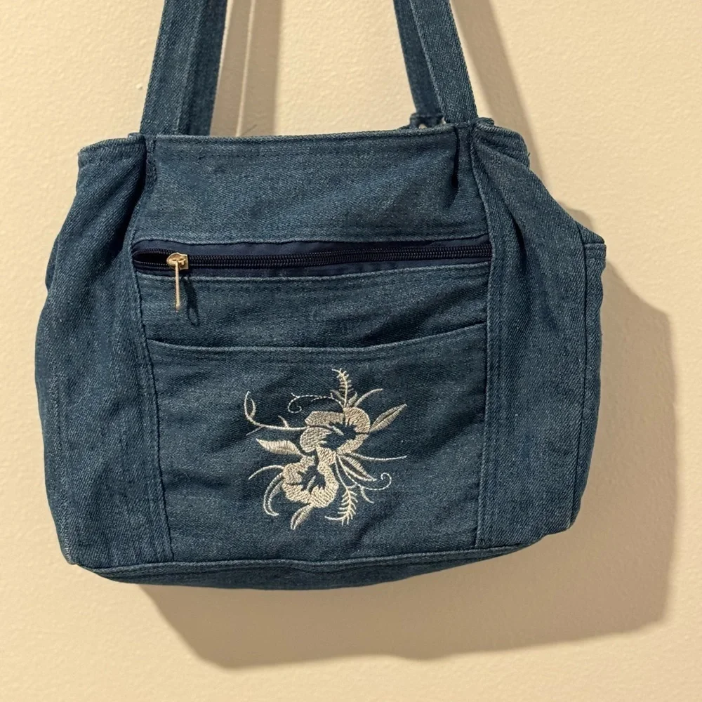 Vintage Style Denim Shoulder Bag with White Floral Embroidery & Zipper Pockets